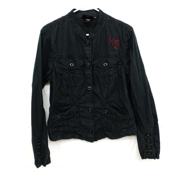 Harley Davidson Black Button Down Shirt Rhinestones Embroidered Red Rose - Picture 2 of 13